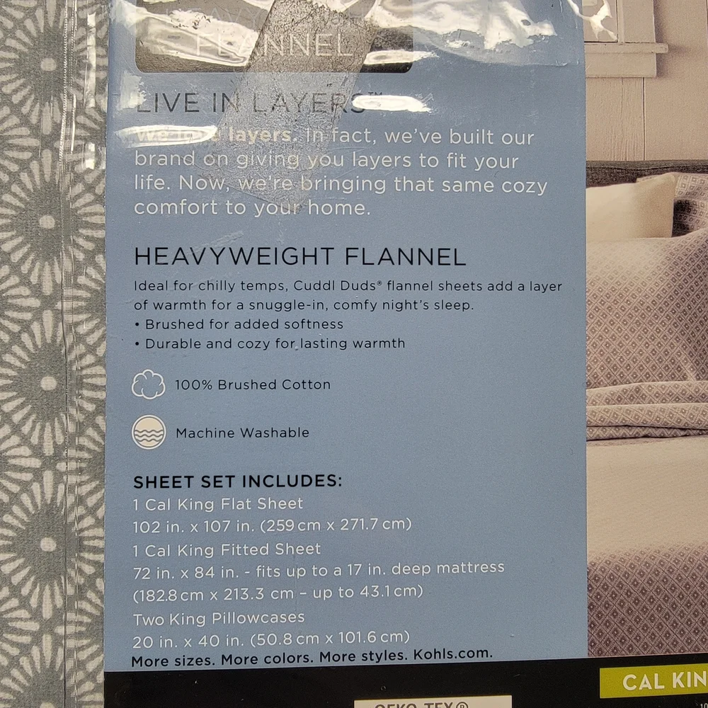 NWT Cuddl Duds Heavyweight Flannel Sheet Set Cal King Grey Diamond Geo